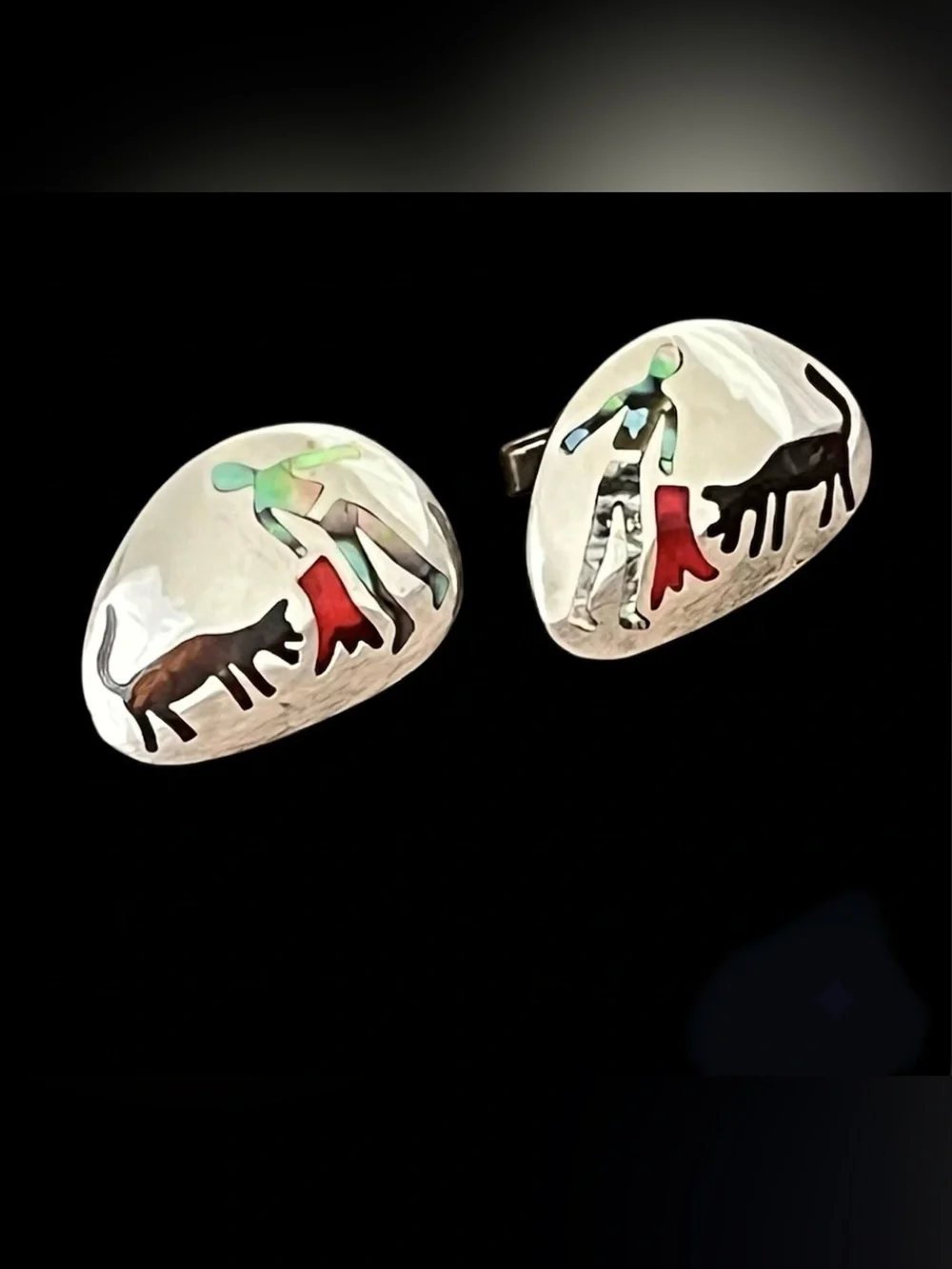 Vintage Taxco 925 Sterling Silver Matador and Bull Inlay Cufflinks Mexican 13g